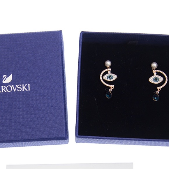 NWT SWAROVSKI EVIL EYE EARRING 5425860 ROSE GOLD PLATED with Blue & white stones - Picture 4 of 4